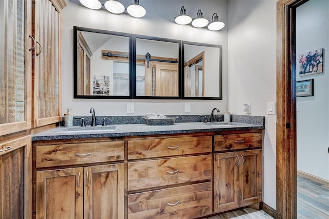 bathroom with hardwood / wood-style flooring and vanity