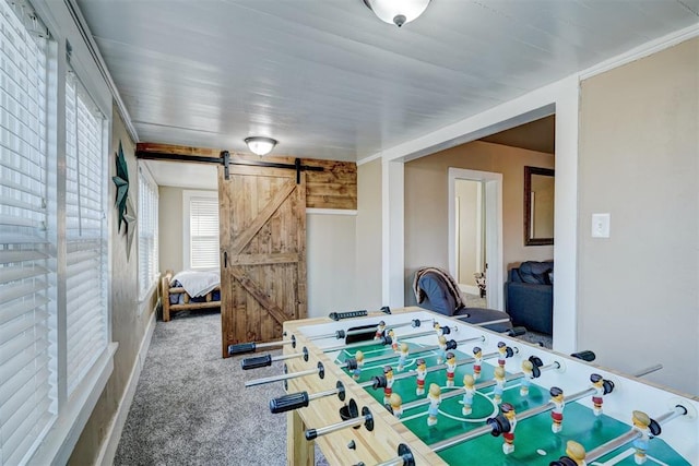 game room with a barn door and carpet floors