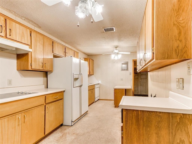 kitchen with white appliances, light carpet, a textured ceiling, and ceiling fan