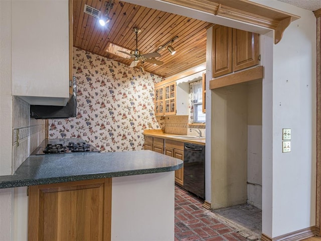 kitchen with ceiling fan, dishwasher, wooden ceiling, and stainless steel gas cooktop