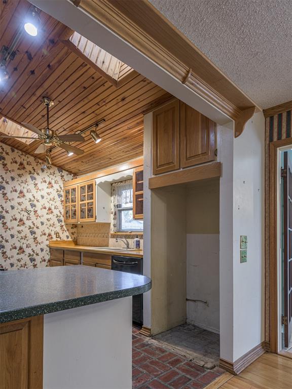 kitchen featuring stainless steel dishwasher, ceiling fan, and a skylight