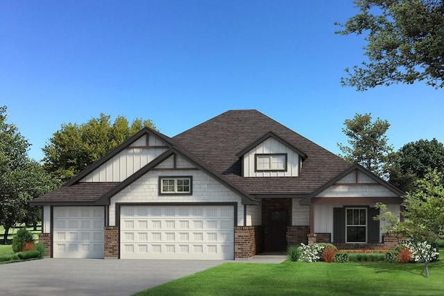 view of front of home featuring brick siding, an attached garage, driveway, and a front yard