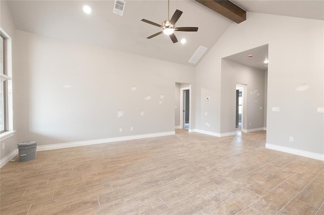 spare room featuring a ceiling fan, visible vents, beam ceiling, high vaulted ceiling, and light wood-style flooring