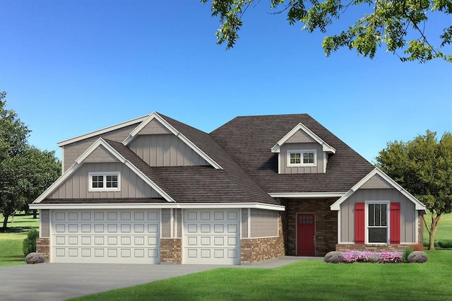 craftsman house featuring a front yard, board and batten siding, and driveway