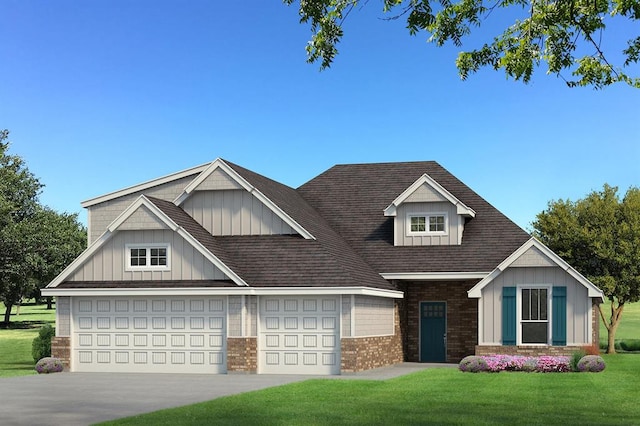 craftsman house with driveway, brick siding, board and batten siding, and a front yard