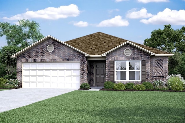 view of front of house with a front yard and a garage