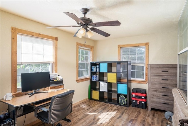 office featuring ceiling fan and wood-type flooring