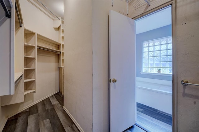 interior space with hardwood / wood-style floors and a bathtub