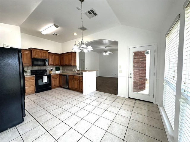 kitchen featuring backsplash, black appliances, ceiling fan with notable chandelier, sink, and light tile patterned flooring