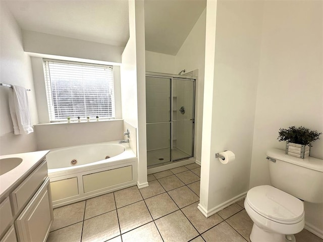 full bathroom with vanity, vaulted ceiling, separate shower and tub, tile patterned flooring, and toilet