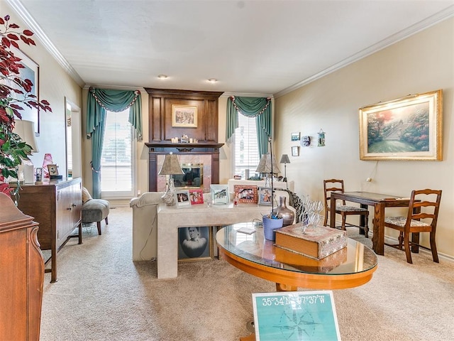 interior space featuring a fireplace, plenty of natural light, and ornamental molding