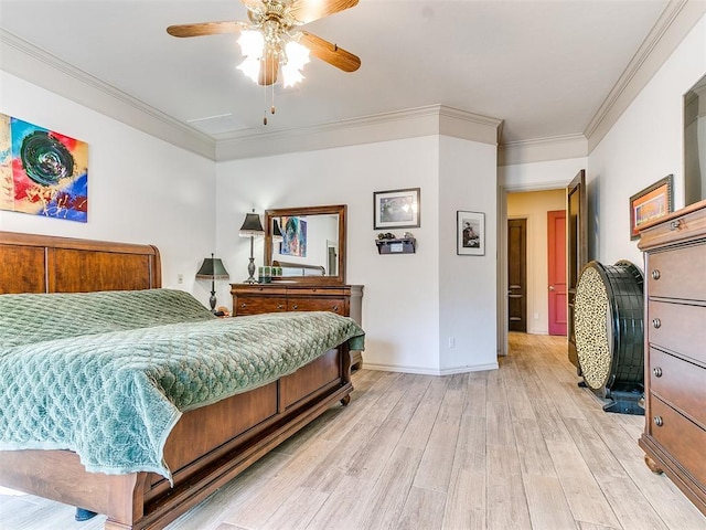 bedroom with ceiling fan, light hardwood / wood-style floors, and crown molding