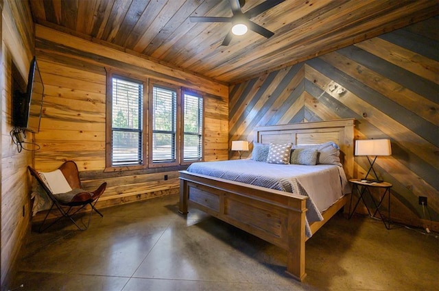 bedroom featuring ceiling fan, wooden ceiling, and wood walls