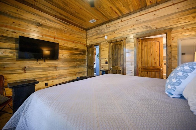 bedroom with wood ceiling and wood walls