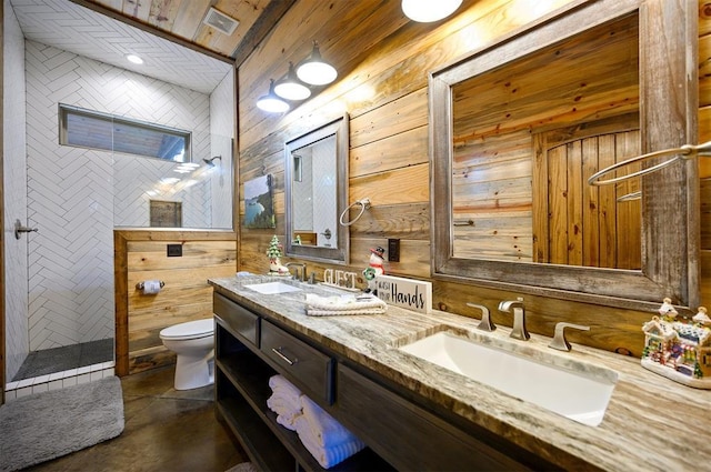 bathroom featuring a tile shower, wood walls, concrete floors, and wooden ceiling