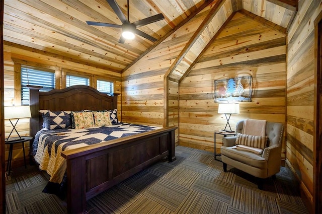 bedroom featuring ceiling fan, wood walls, lofted ceiling, and wooden ceiling