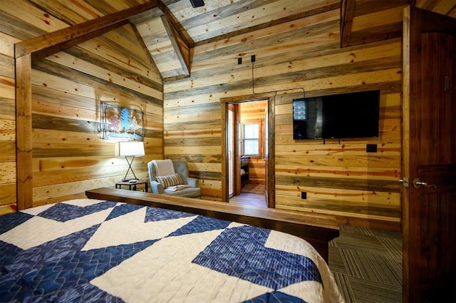 bedroom with wood ceiling, wooden walls, and vaulted ceiling