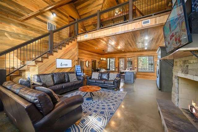 607 Sugar Pine Loop, Broken Bow, OK 74728 - living room with a fireplace, wood ceiling, finished concrete floors, stairs, and wood walls