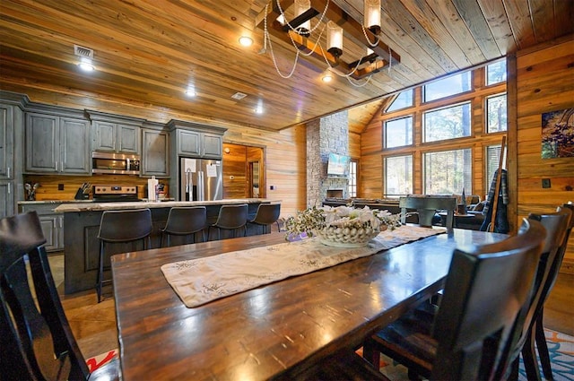 607 Sugar Pine Loop, Broken Bow, OK 74728 - dining area featuring wooden ceiling, wooden walls, high vaulted ceiling, recessed lighting, and a chandelier