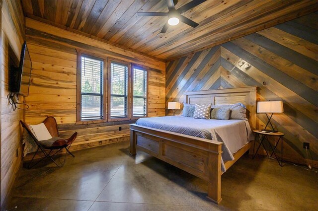 607 Sugar Pine Loop, Broken Bow, OK 74728 - bedroom featuring wood walls, wooden ceiling, a ceiling fan, and concrete floors