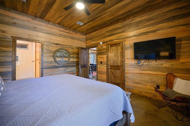 607 Sugar Pine Loop, Broken Bow, OK 74728 - bedroom with wooden walls, wood ceiling, and ceiling fan