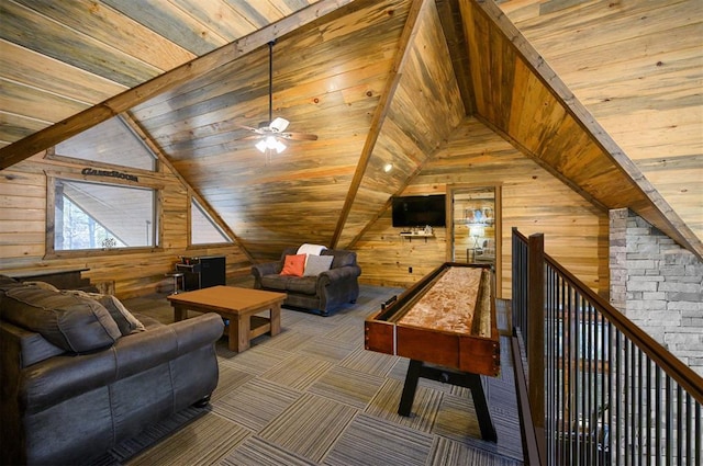 607 Sugar Pine Loop, Broken Bow, OK 74728 - rec room with wooden walls, wooden ceiling, vaulted ceiling, ceiling fan, and carpet flooring