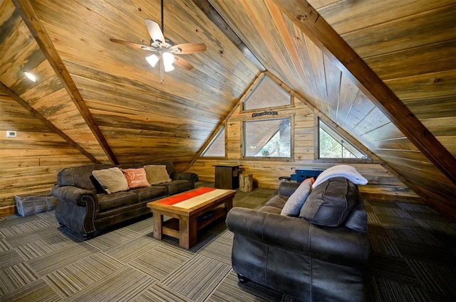 607 Sugar Pine Loop, Broken Bow, OK 74728 - living room featuring wood ceiling, wood walls, and ceiling fan