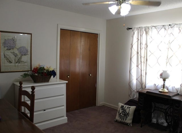 interior space featuring ceiling fan, a closet, and a textured ceiling