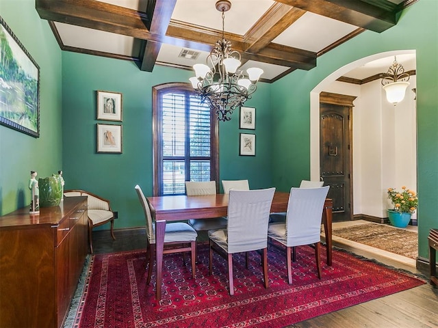 dining area with coffered ceiling, a notable chandelier, beam ceiling, and wood-type flooring