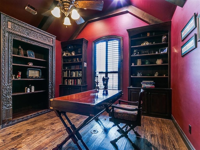 office space featuring ceiling fan, wood-type flooring, and vaulted ceiling