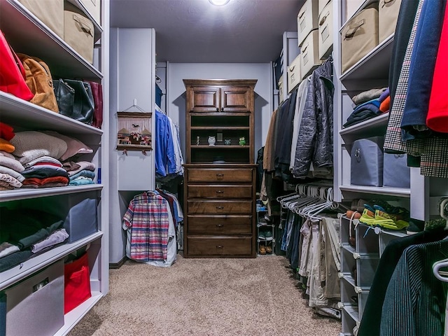 walk in closet with light colored carpet