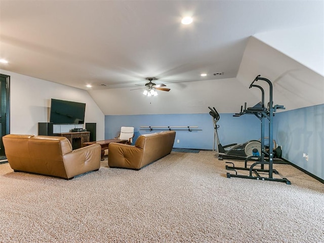 living room featuring lofted ceiling, carpet floors, and ceiling fan