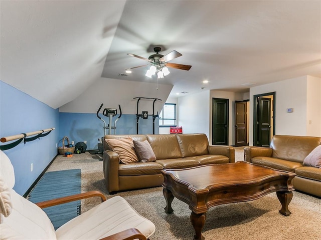 carpeted living room with lofted ceiling and ceiling fan