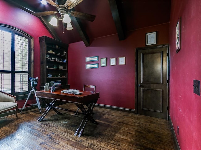 office area with lofted ceiling with beams, hardwood / wood-style floors, and ceiling fan