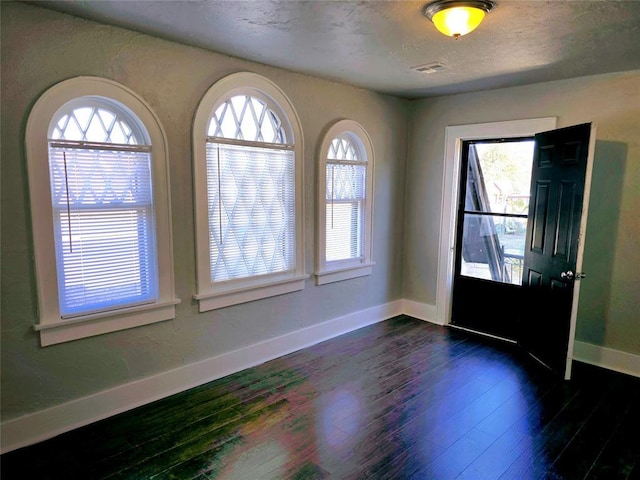 foyer entrance with a textured ceiling, dark hardwood / wood-style floors, and plenty of natural light