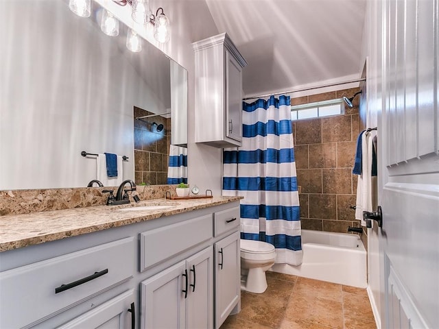 full bathroom with vanity, toilet, and shower / bath combo with shower curtain