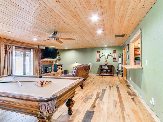 playroom featuring light wood-type flooring, ceiling fan, wooden ceiling, and pool table