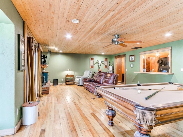 game room featuring ceiling fan, light hardwood / wood-style floors, wood ceiling, and pool table