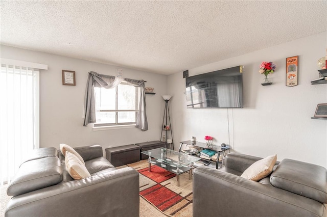 carpeted living room featuring a textured ceiling