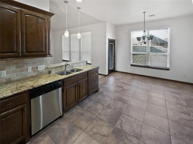 kitchen with sink, stainless steel dishwasher, backsplash, pendant lighting, and a chandelier