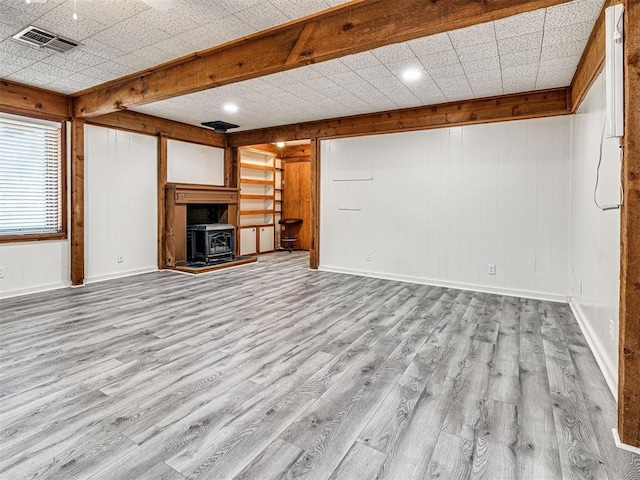 unfurnished living room featuring light wood-type flooring, a wood stove, and wood walls