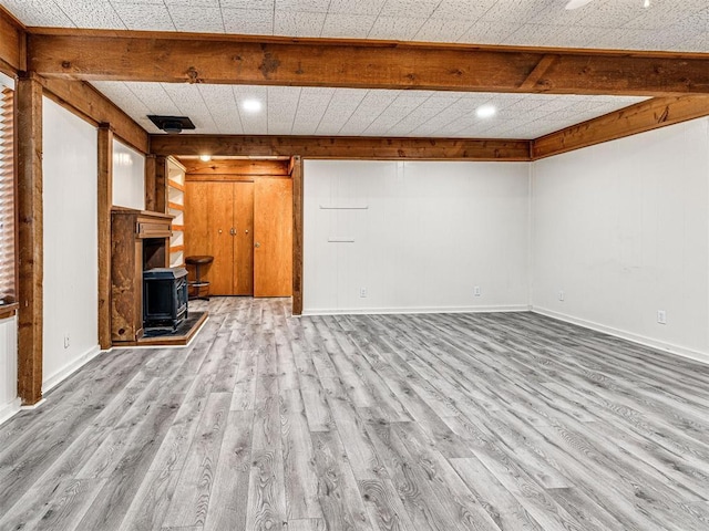 unfurnished living room featuring beam ceiling, light wood-type flooring, and a wood stove