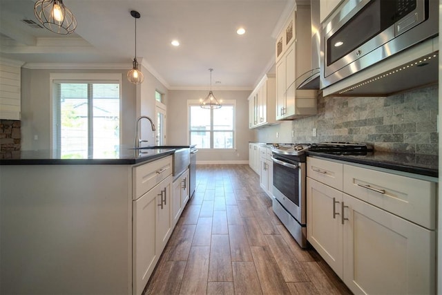 kitchen featuring appliances with stainless steel finishes, hanging light fixtures, white cabinets, dark hardwood / wood-style floors, and plenty of natural light