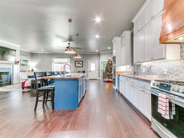 kitchen with white cabinetry, a kitchen island with sink, stainless steel range, and pendant lighting