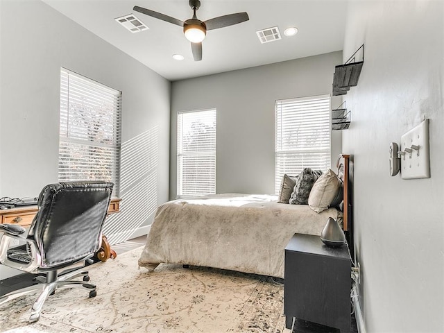 bedroom with recessed lighting, visible vents, and ceiling fan