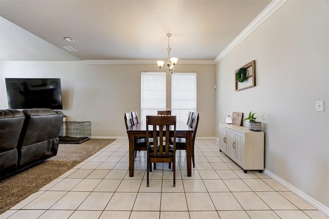 carpeted dining space featuring an inviting chandelier and crown molding