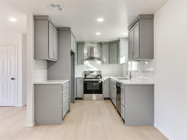 kitchen featuring gray cabinetry, wall chimney exhaust hood, sink, and stainless steel appliances