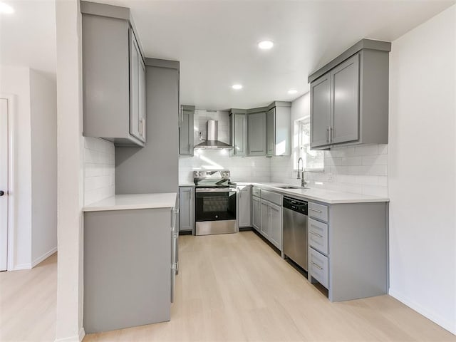 kitchen featuring appliances with stainless steel finishes, sink, gray cabinetry, and wall chimney range hood