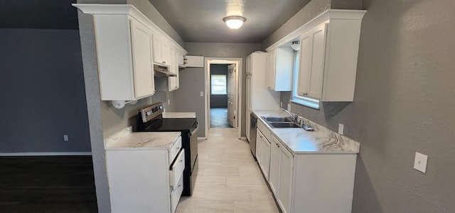 kitchen with white cabinets, black electric range oven, stainless steel dishwasher, and sink