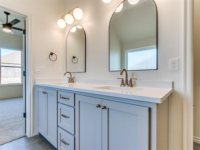 bathroom with vanity, tile patterned floors, and ceiling fan